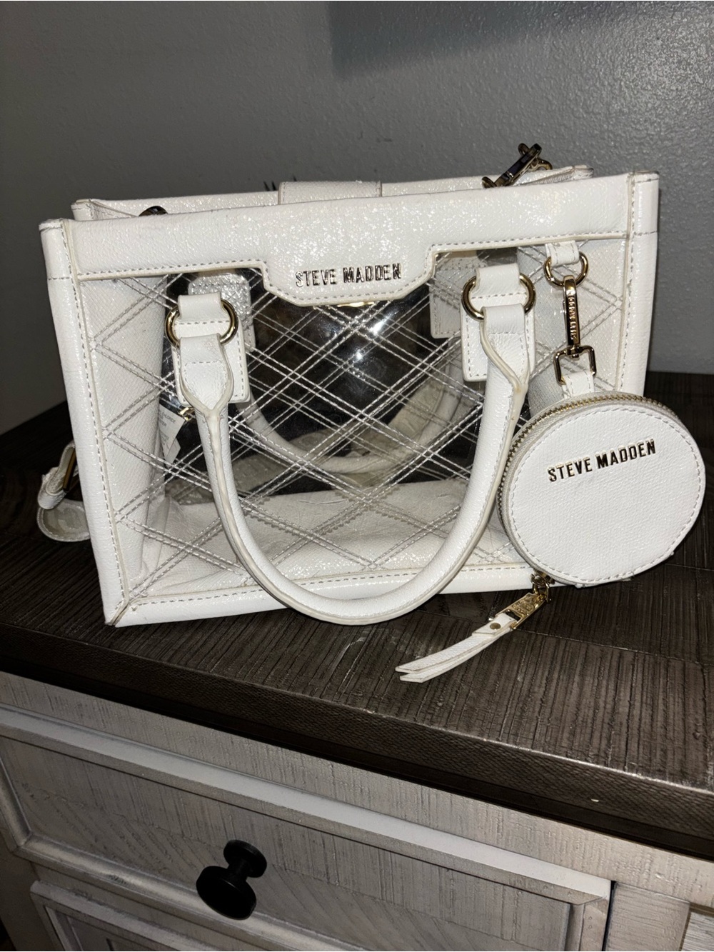 Steve Madden White Quilted Clear Satchel with Coin Pouch